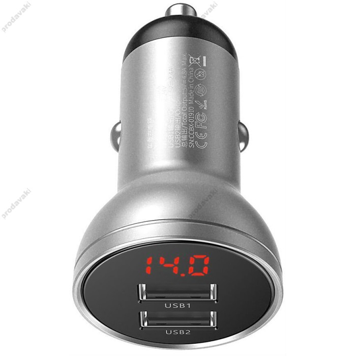 Автомобільний зарядний пристрій Baseus Digital Display Dual USB 24W Silver CCBX-0S