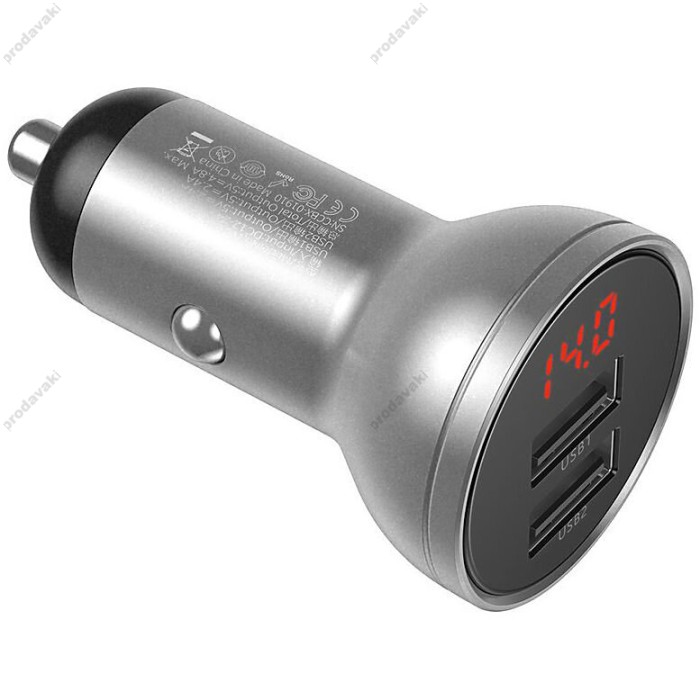 Автомобільний зарядний пристрій Baseus Digital Display Dual USB 24W Silver CCBX-0S