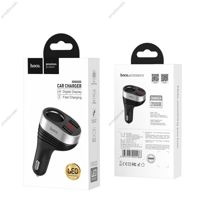 Автомобільний зарядний пристрій розгалужувач Hoco Z29 Regal with LCD Black