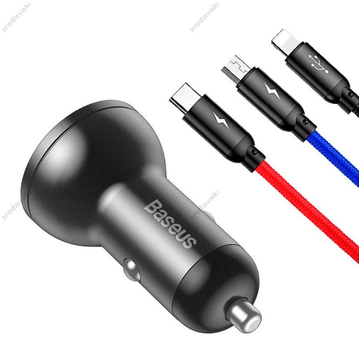 Автомобільний зарядний пристрій Baseus Digital Display Dual USB з кабелем 3в1 1.2M 24W Black TZCCBX-0G