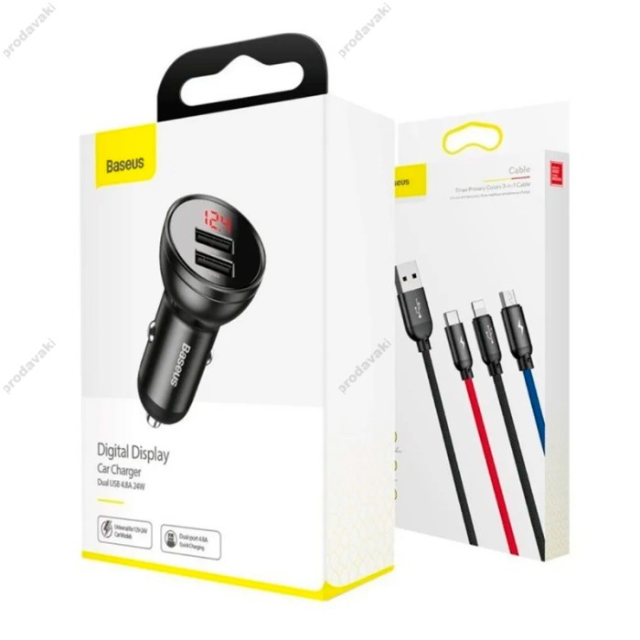 Автомобільний зарядний пристрій Baseus Digital Display Dual USB з кабелем 3в1 1.2M 24W Black TZCCBX-0G