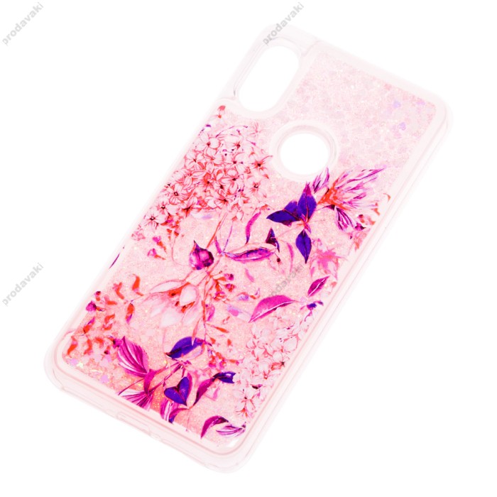 Чохол для Xiaomi Redmi Note 6 Pro блискітки вода рожевий "рожево-фіолетові квіти"