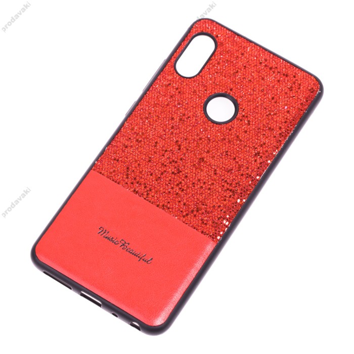 Чохол для Xiaomi Redmi Note 6 Pro Leather + блискітки червоний