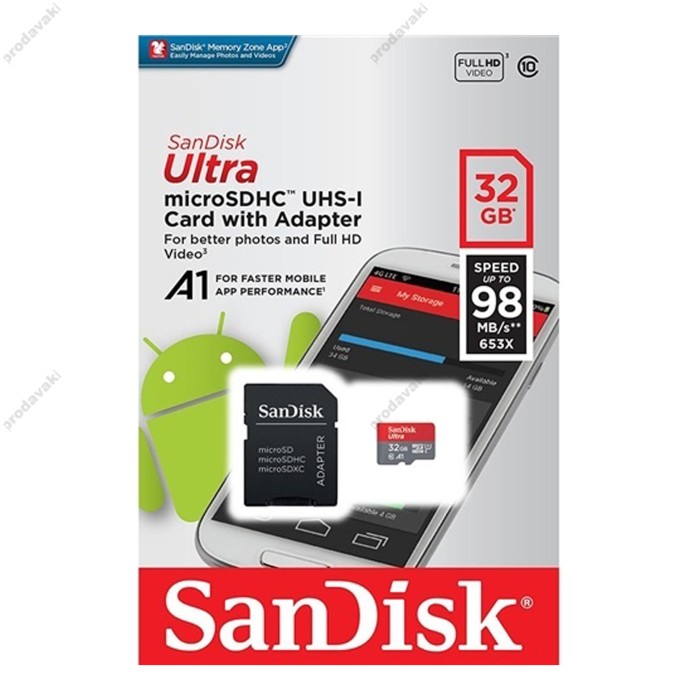Карта пам'яті microSDHC 32Gb SanDisk Ultra U-1 (Class 10) (98Mb/s) + Adapter SD