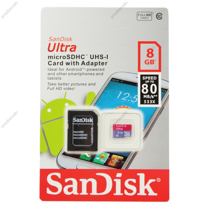 Карта пам'яті microSDHC 8Gb SanDisk Ultra U-1 (Class 10) (80Mb/s) + Adapter SD