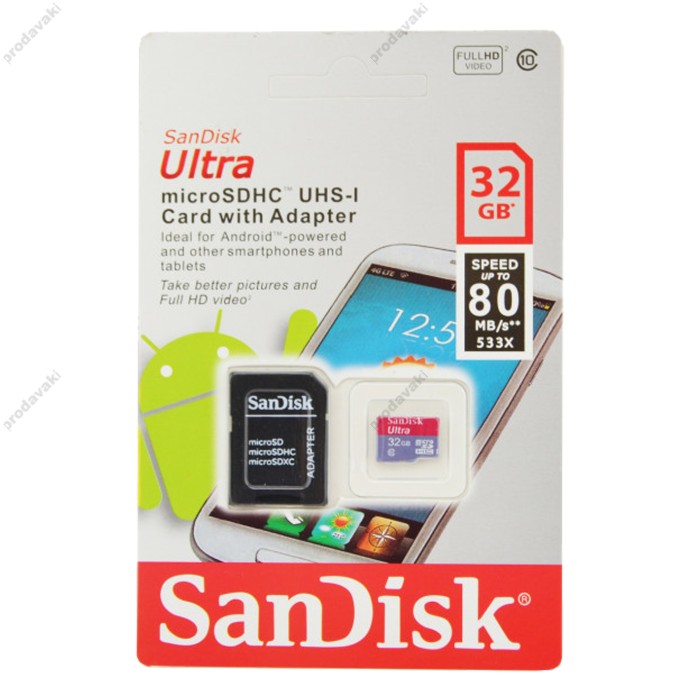 Карта пам'яті microSDHC 32Gb SanDisk Ultra U-1 (Class 10) (80Mb/s) + Adapter SD