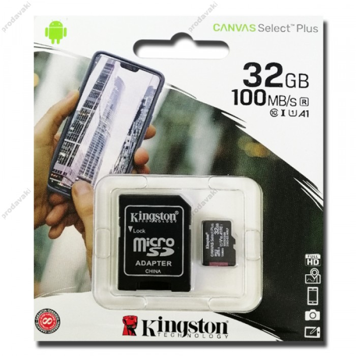 Карта пам'яті microSDHC (UHS-1) Kingston Canvas Select Plus 32Gb class10 A1(R-100MB/s) (adapter SD)