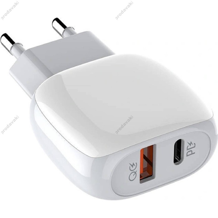 Мережевий зарядний пристрій LDNIO A2313C dual port charger Lightning cable 18W White