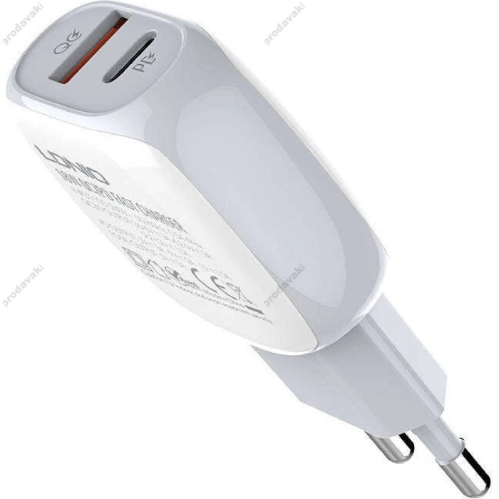 Мережевий зарядний пристрій LDNIO A2313C dual port charger Lightning cable 18W White