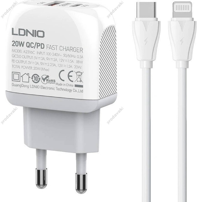 Мережевий зарядний пристрій LDNIO A2313C dual port charger Lightning cable 18W White