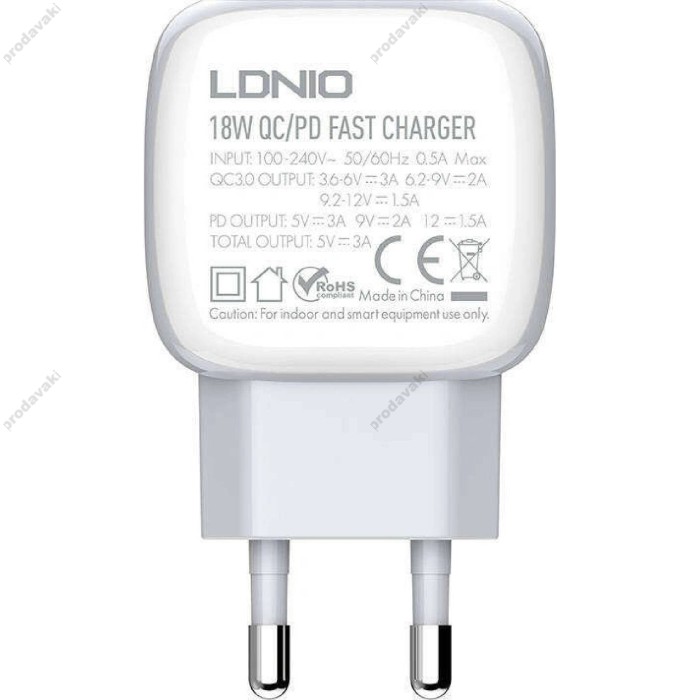 Мережевий зарядний пристрій LDNIO A2313C dual port charger Lightning cable 18W White