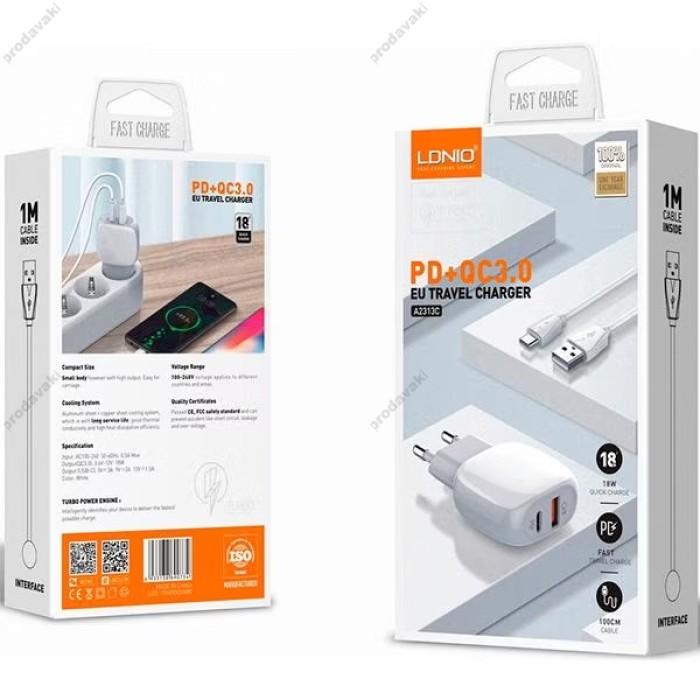 Мережевий зарядний пристрій LDNIO A2313C dual port charger Lightning cable 18W White
