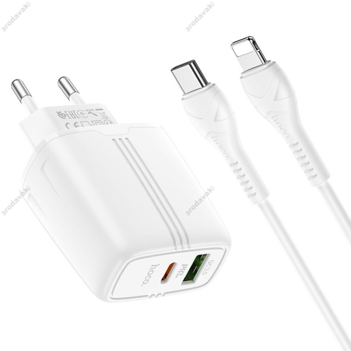 Мережевий зарядний пристрій HOCO N11 Powerful dual port charger Lightning cable 20W White