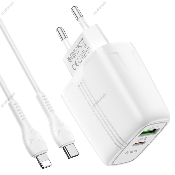 Мережевий зарядний пристрій HOCO N11 Powerful dual port charger Lightning cable 20W White