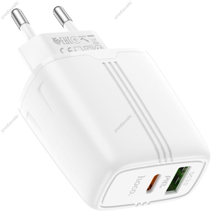 Мережевий зарядний пристрій HOCO N11 Powerful dual port charger Lightning cable 20W White