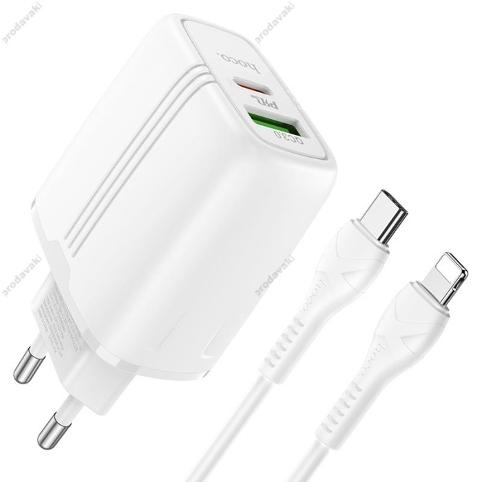 Мережевий зарядний пристрій HOCO N11 Powerful dual port charger Lightning cable 20W White