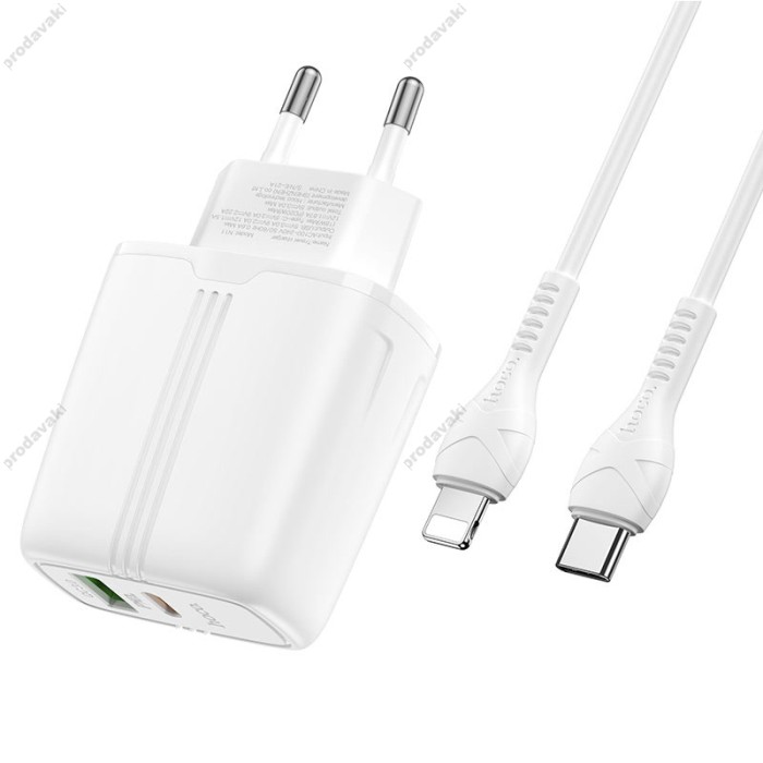 Мережевий зарядний пристрій HOCO N11 Powerful dual port charger Lightning cable 20W White