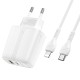 Мережевий зарядний пристрій HOCO N11 Powerful dual port charger Lightning cable 20W White