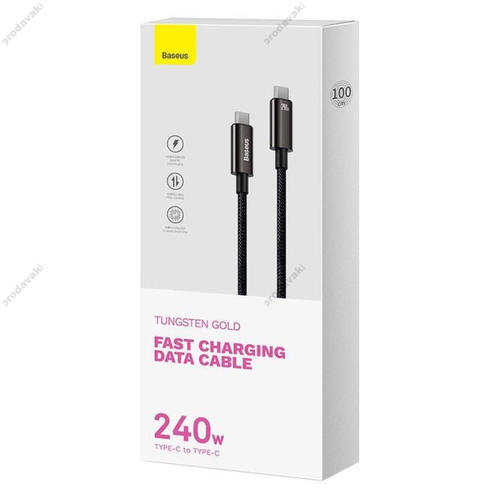 Кабель Baseus Tungsten Gold Fast Charging Type-C to Type-C 240W 5A 1m Black CAWJ040001