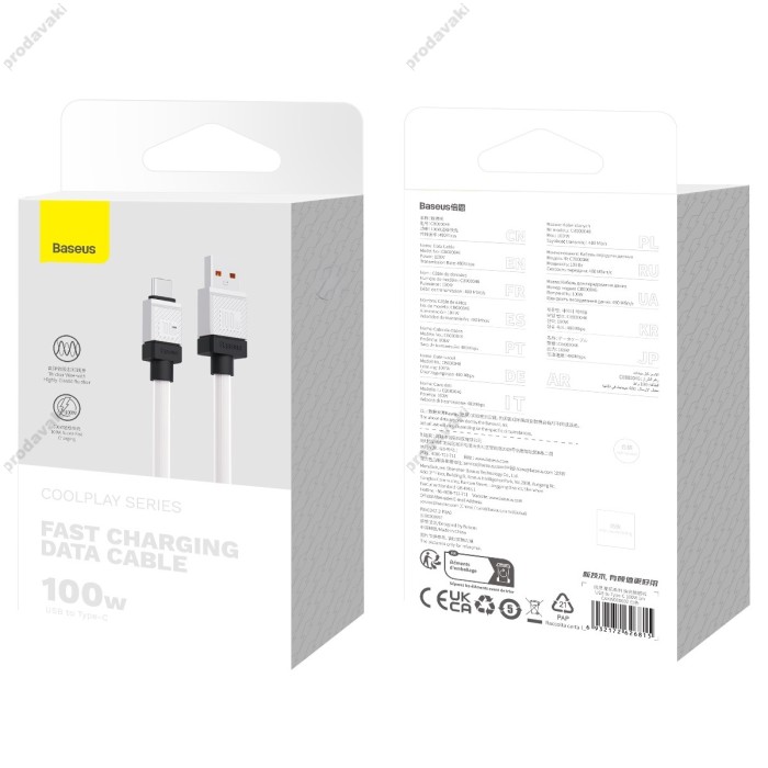 Кабель Baseus CoolPlay Series Fast Charging Cable USB to Type-C 100W 6A 1m White CAKW000602