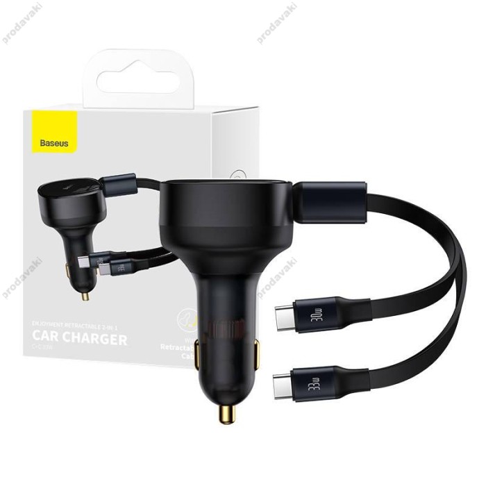 Автомобільний зарядний пристрій Baseus Enjoyment Retractable 2in1 Car Charger C+C 33W Black C00035500111-00