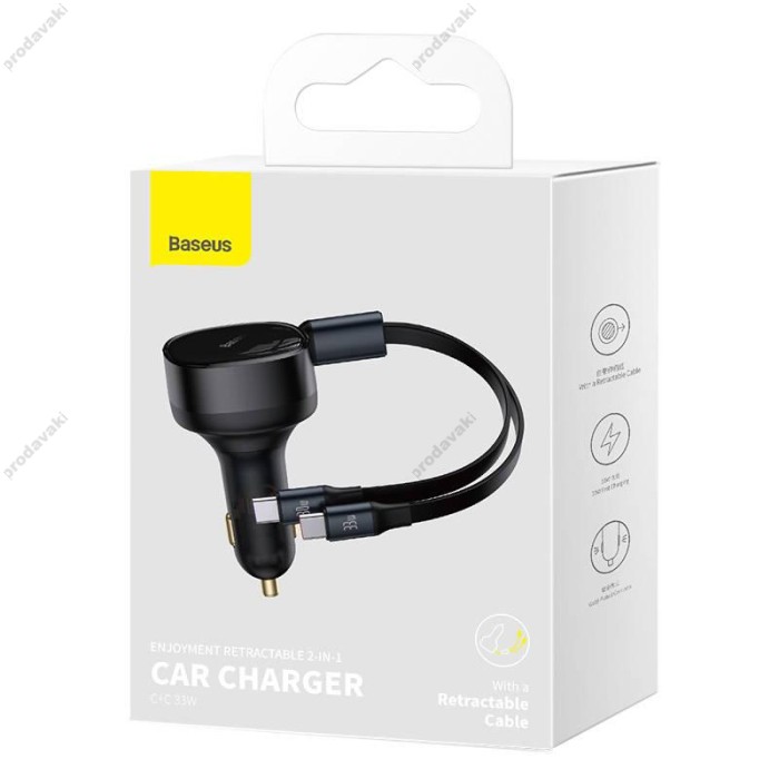 Автомобільний зарядний пристрій Baseus Enjoyment Retractable 2in1 Car Charger C+C 33W Black C00035500111-00