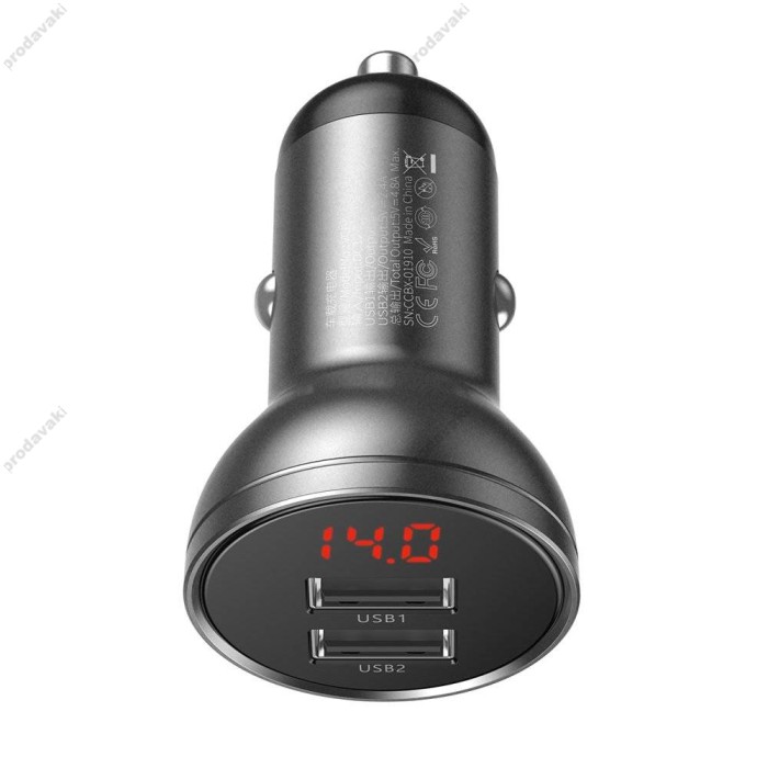 Автомобільний зарядний пристрій Baseus Digital Display Dual USB 24W Black CCBX-0G