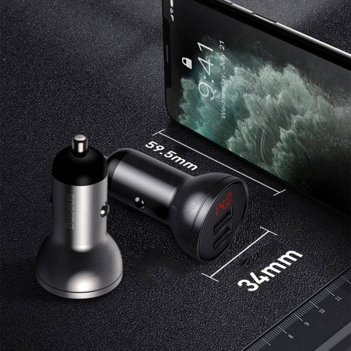 Автомобільний зарядний пристрій Baseus Digital Display Dual USB 24W Black CCBX-0G