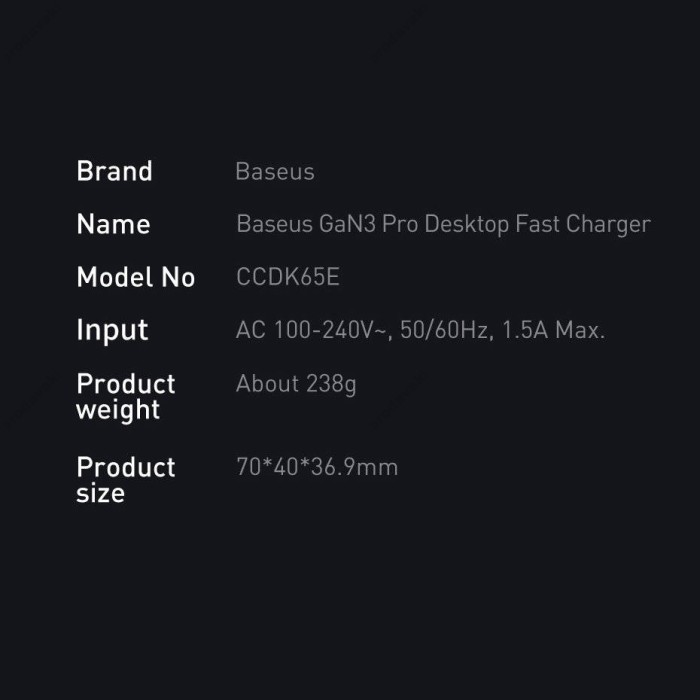 Мережевий зарядний пристрій Baseus GaN3 Pro Desktop Fast Charger 2C+2U 65W EU Cable Type-CtoType-C 100W 1m Black CCGP040101