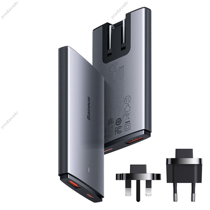 Мережевий зарядний пристрій Baseus GaN5 Pro Ultra-Slim Fast Charger C+U Type-C cable 65W Grey CCGP150113