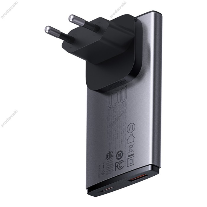 Мережевий зарядний пристрій Baseus GaN5 Pro Ultra-Slim Fast Charger C+U Type-C cable 65W Grey CCGP150113