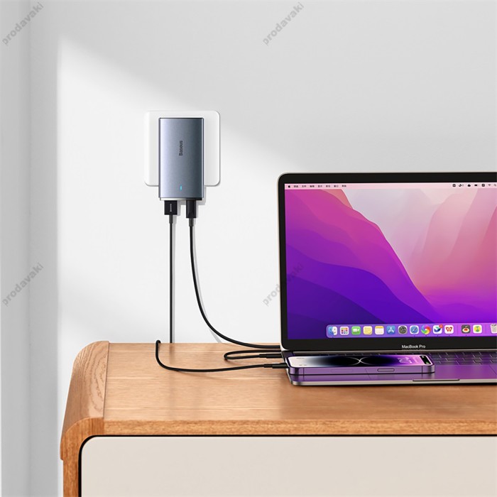 Мережевий зарядний пристрій Baseus GaN5 Pro Ultra-Slim Fast Charger C+U Type-C cable 65W Grey CCGP150113
