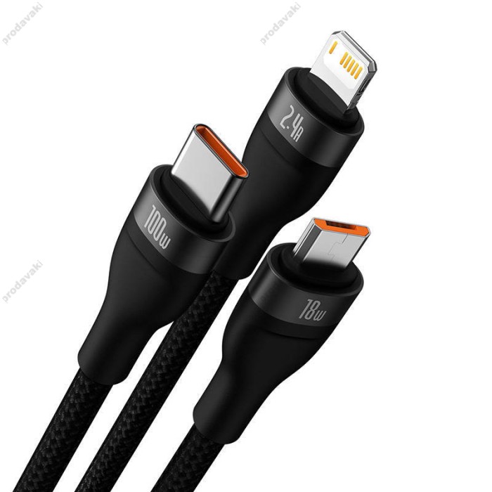 PD кабель Baseus Flash Series Ⅱ One-for-three USB to M+L+C 100W 1.2m Black CASS030001