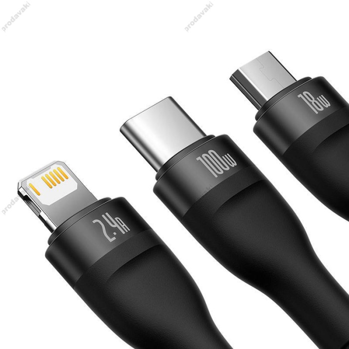 PD кабель Baseus Flash Series Ⅱ One-for-three USB to M+L+C 100W 1.2m Black CASS030001