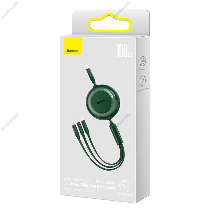 Кабель USB PD кабель Baseus Bright Mirror 2 Series Retractable 3-in-1 Type-C to M+L+C 100W 1.1m Green CAMJ01020