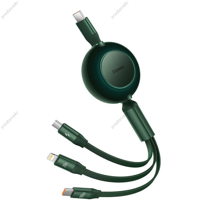 Кабель USB PD кабель Baseus Bright Mirror 2 Series Retractable 3-in-1 Type-C to M+L+C 100W 1.1m Green CAMJ01020