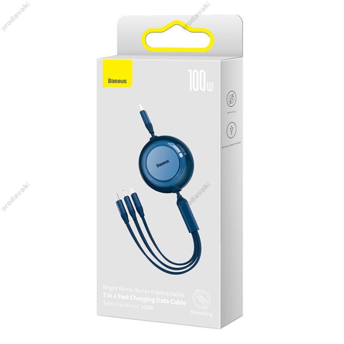 Кабель USB PD кабель Baseus Bright Mirror 2 Series Retractable 3-in-1 Type-C to M+L+C 100W 1.1m Blue CAMJ010203