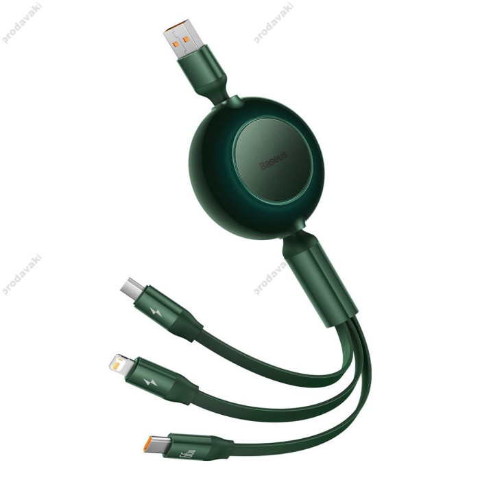 Кабель USB PD Baseus Bright Mirror 2 Series Retractable 3-in-1 USB to M+L+C 66W 1.1m Green CAMJ010106