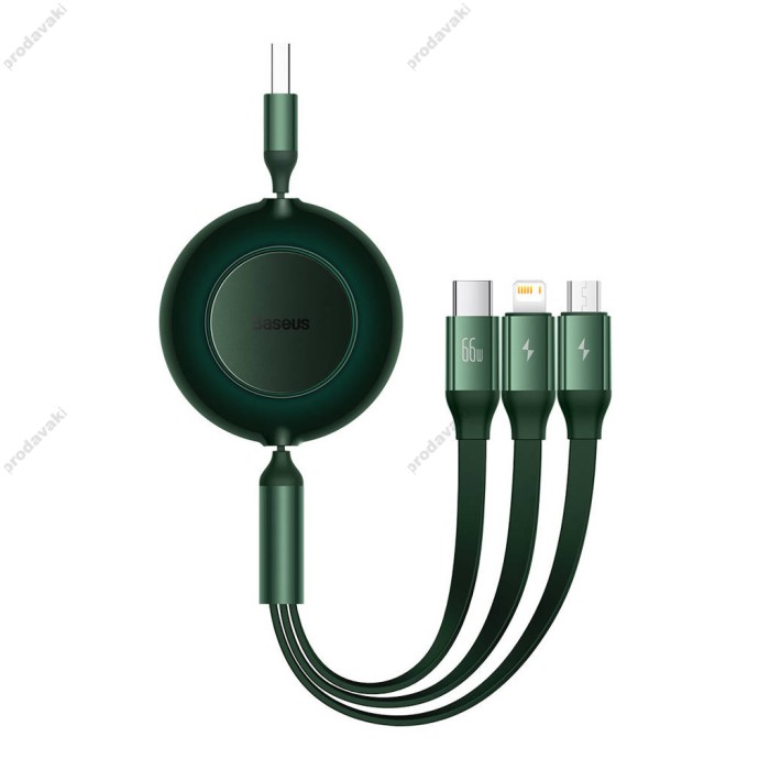 Кабель USB PD Baseus Bright Mirror 2 Series Retractable 3-in-1 USB to M+L+C 66W 1.1m Green CAMJ010106