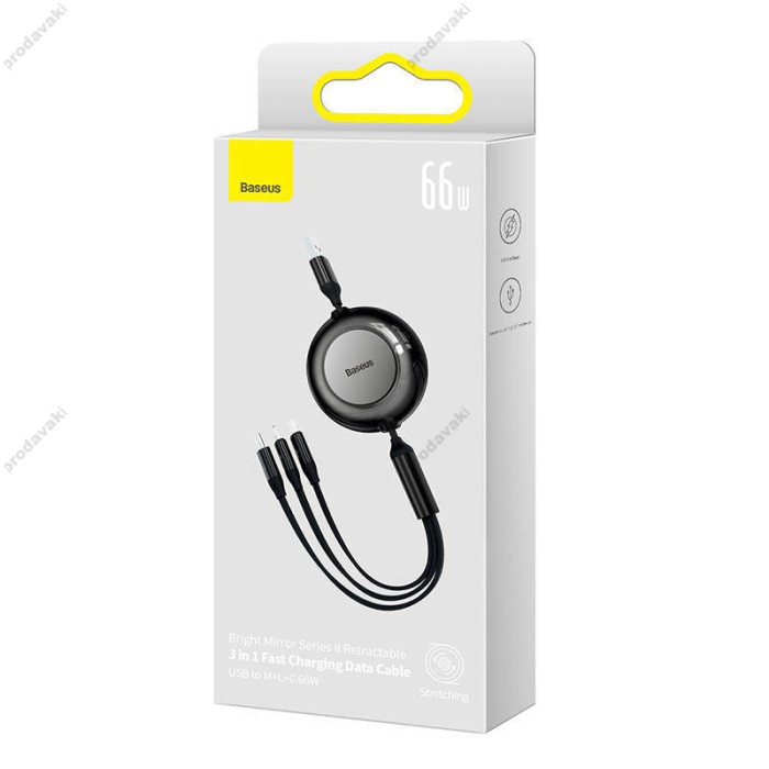 Кабель USB PD Baseus Bright Mirror 2 Series Retractable 3-in-1 USB to M+L+C 66W 1.1m Black CAMJ010101