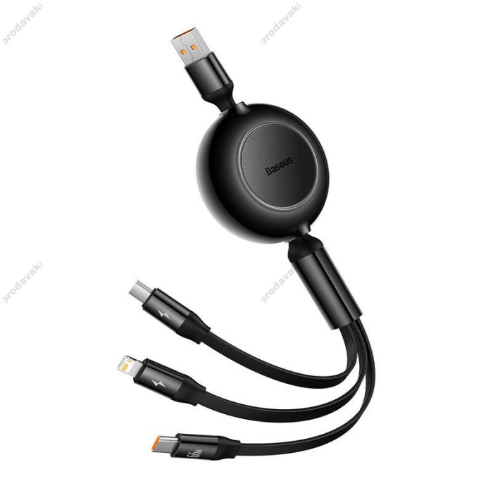Кабель USB PD Baseus Bright Mirror 2 Series Retractable 3-in-1 USB to M+L+C 66W 1.1m Black CAMJ010101
