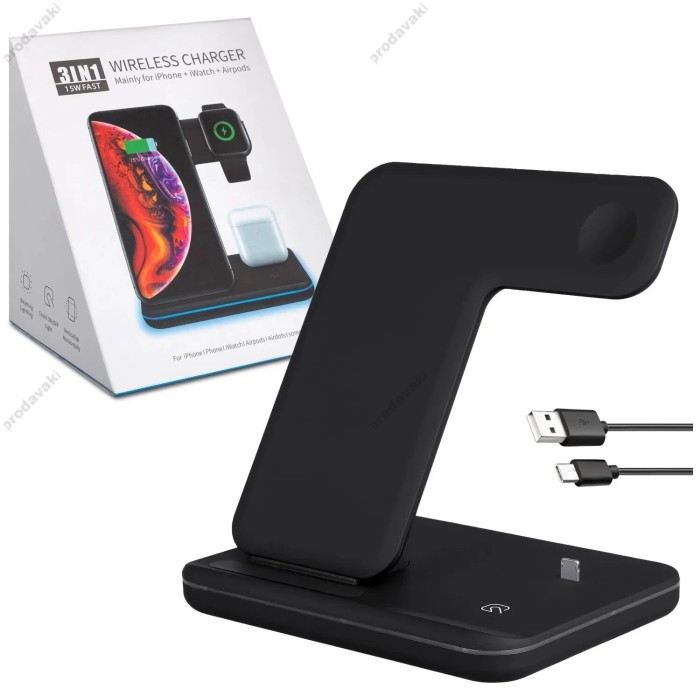 Бездротова зарядка стенд smart 3in1 fast 15w (phone+apple watch+airpods)