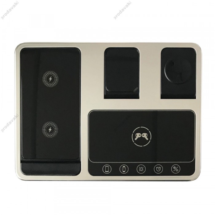 Бездротова зарядка стенд 4 IN1 AUTOMATIC (iPhone, iWatch, AirPods, Clock) 15W FAST Silver-black