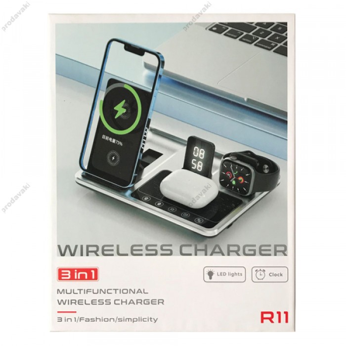 Бездротова зарядка стенд 4 IN1 AUTOMATIC (iPhone, iWatch, AirPods, Clock) 15W FAST Silver-black