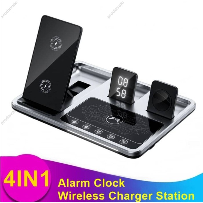Бездротова зарядка стенд 4 IN1 AUTOMATIC (iPhone, iWatch, AirPods, Clock) 15W FAST Silver-black