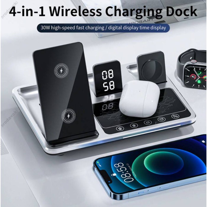 Бездротова зарядка стенд 4 IN1 AUTOMATIC (iPhone, iWatch, AirPods, Clock) 15W FAST Silver-black