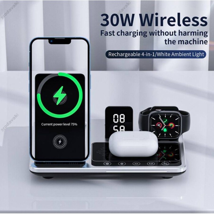 Бездротова зарядка стенд 4 IN1 AUTOMATIC (iPhone, iWatch, AirPods, Clock) 15W FAST Silver-black