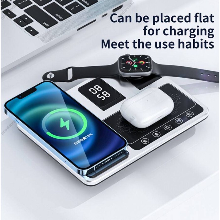 Бездротова зарядка стенд 4 IN1 AUTOMATIC (iPhone, iWatch, AirPods, Clock) 15W FAST Silver-black