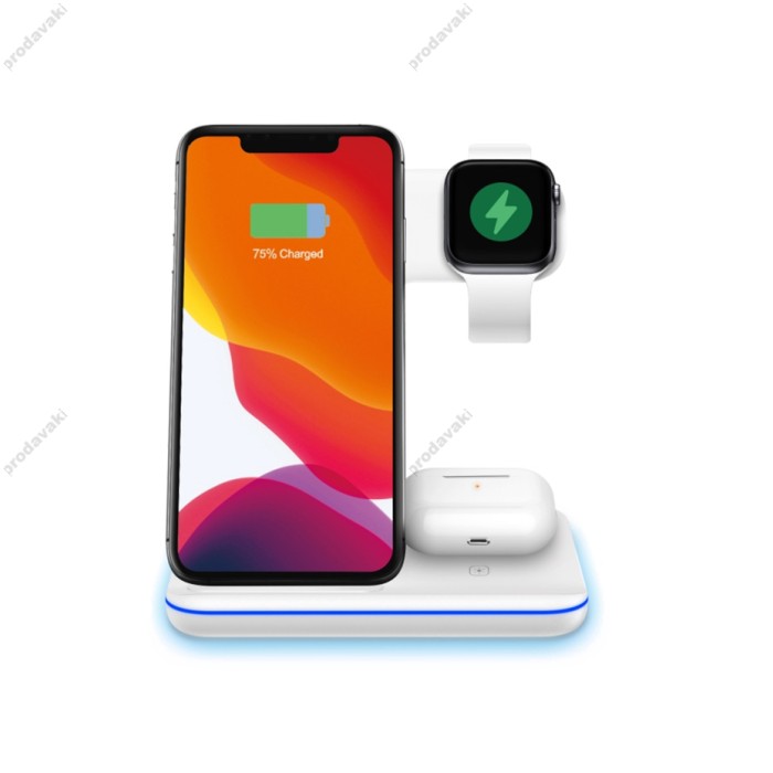Бездротова зарядка стенд smart 3in1 NEW All WIRELESS fast 15w (phone+apple watch+airpods) White