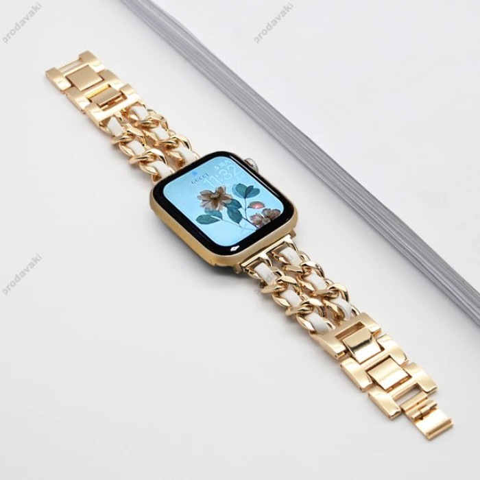 Ремінець Chanel Leather для Apple Watch 42mm / 44mm / 45mm Gold / White